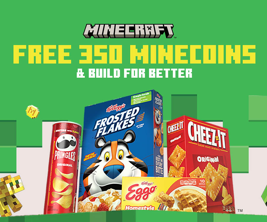 Get 350 Minecoins and Build For Better - Showing Pringles, Frosted Flakes, Cheez-it and Eggo Product boxes with Minecraft imagery