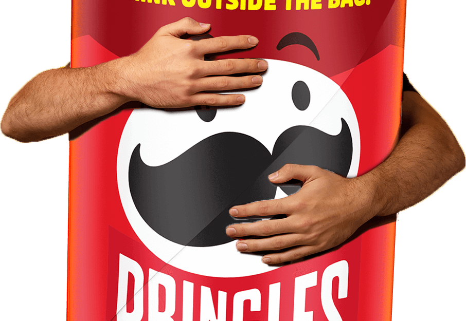Arms hugging a giant Pringles can
