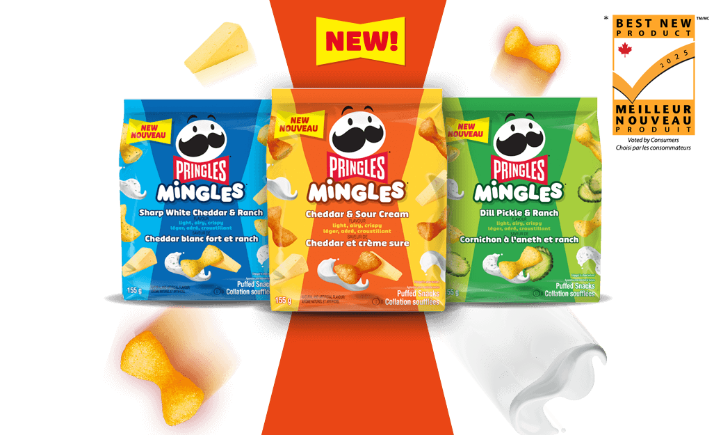 Pringles Mingles product packages on a yellow background. Pieces of Mingles surround the packages. 